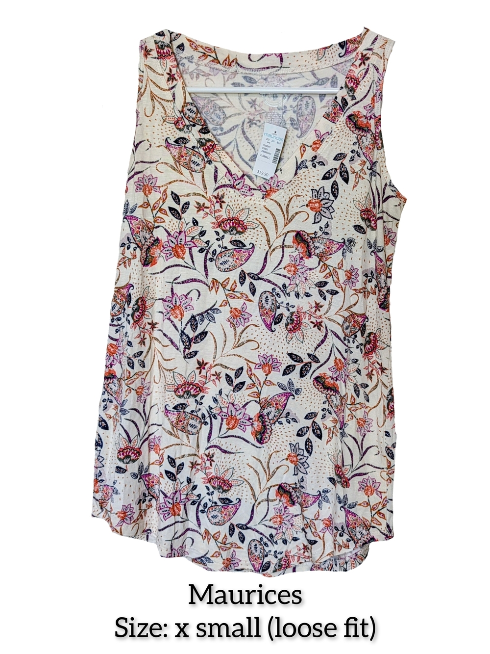 Maurices Cream Floral V-Neck Tank with Pink & Purple Accents